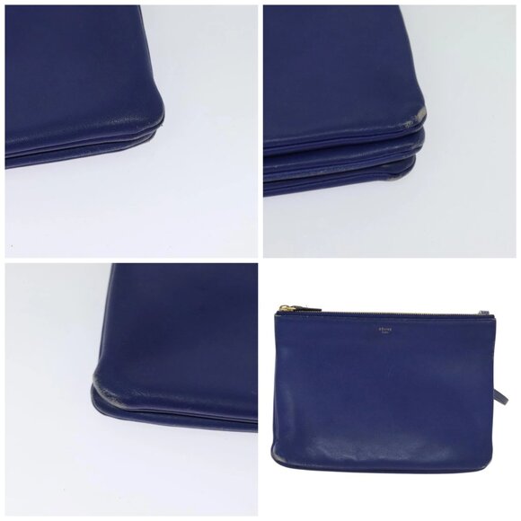CELINE Trio Shoulder Bag Leather Blue Gold Auth - Picture 13 of 15